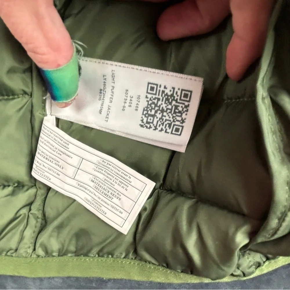 True Religion Olive Puffer Jacket Sz Sm chest measures 41”